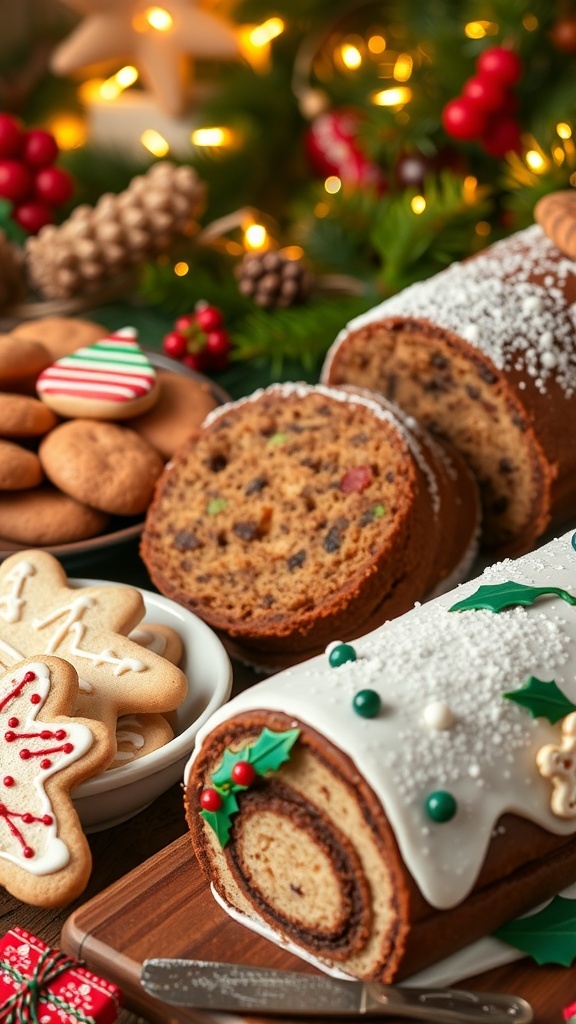 A variety of Christmas baked treats including cookies, fruitcake, and Yule log on a festive table.